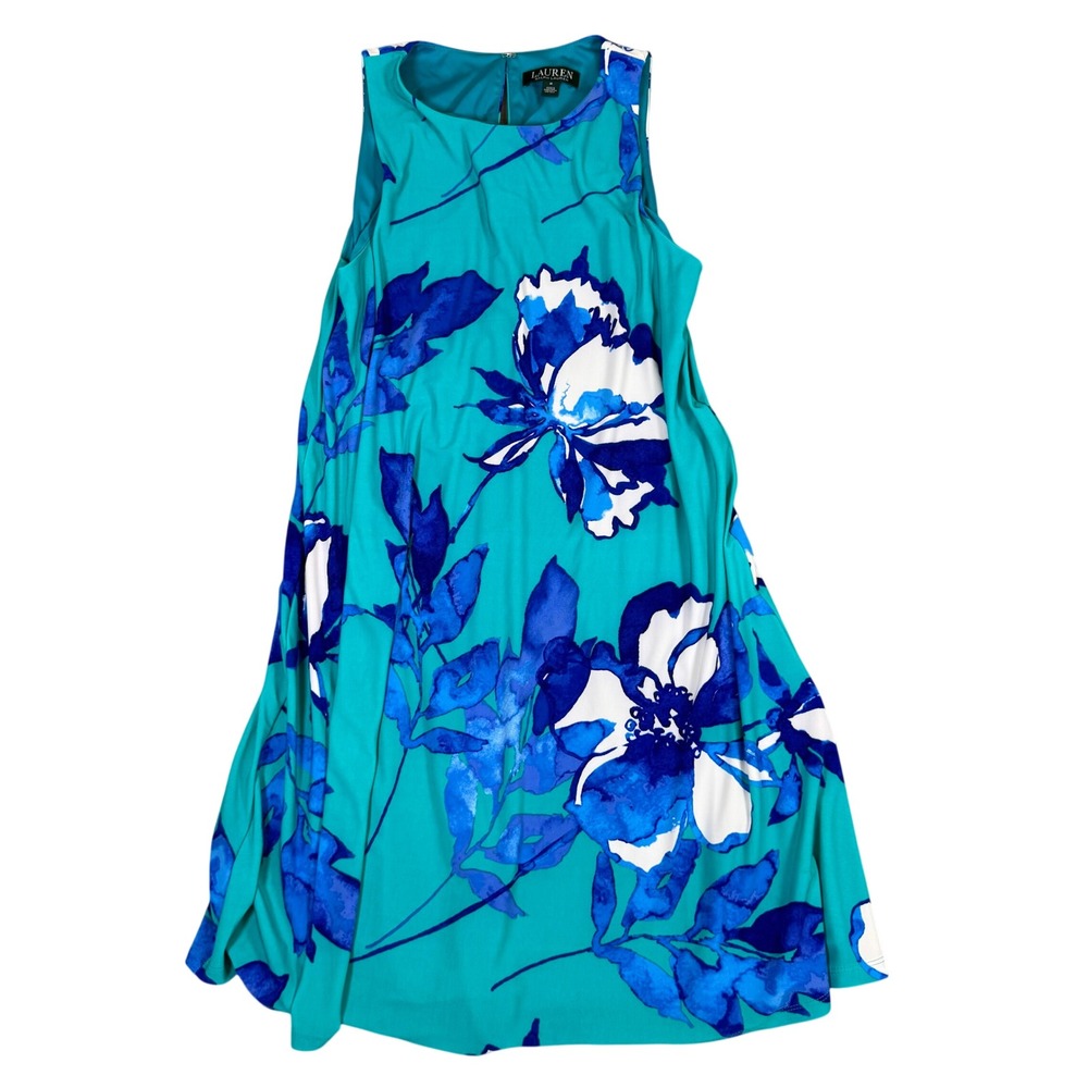 Lauren Ralph Lauren Teal Blue Floral Sleeveless Fit Flare Jersey Dress Size 8
